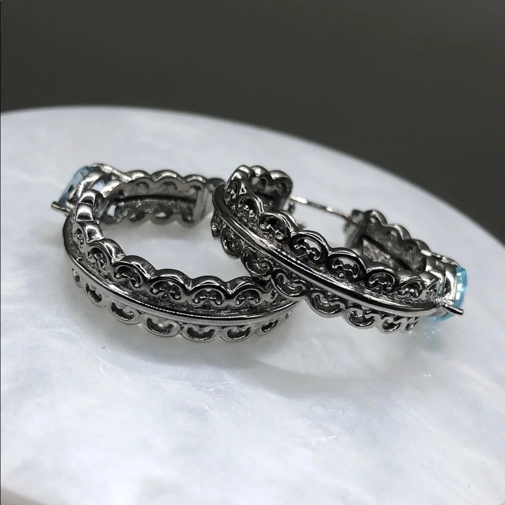 EverTrue Sky Blue Topaz Heart Hoop Earrings Stainless Steel Statement Style NEW